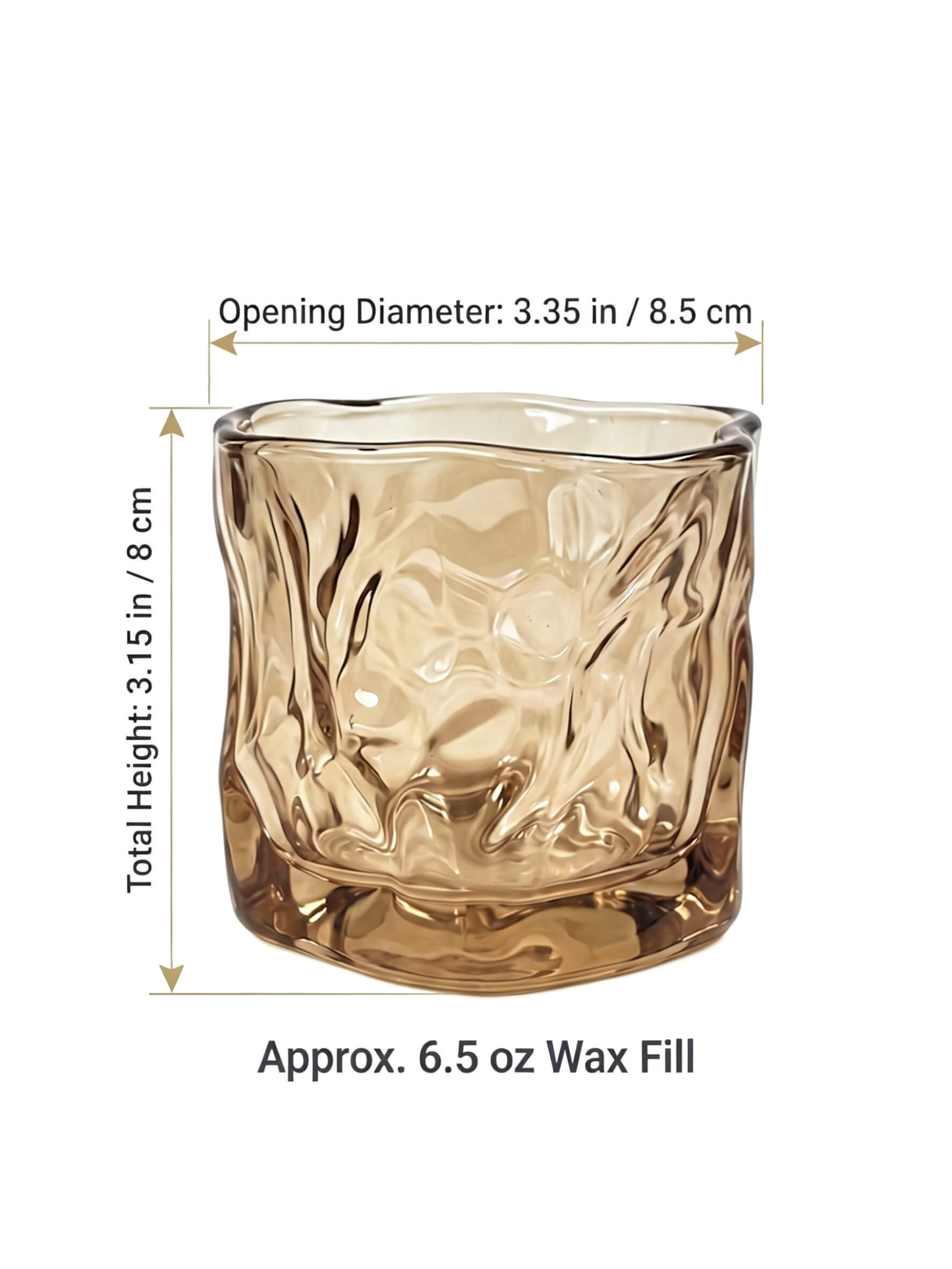 B2B dimension chart for wabi sabi folded candle glass showing 8.5x8cm size and 6.5 oz wax fill