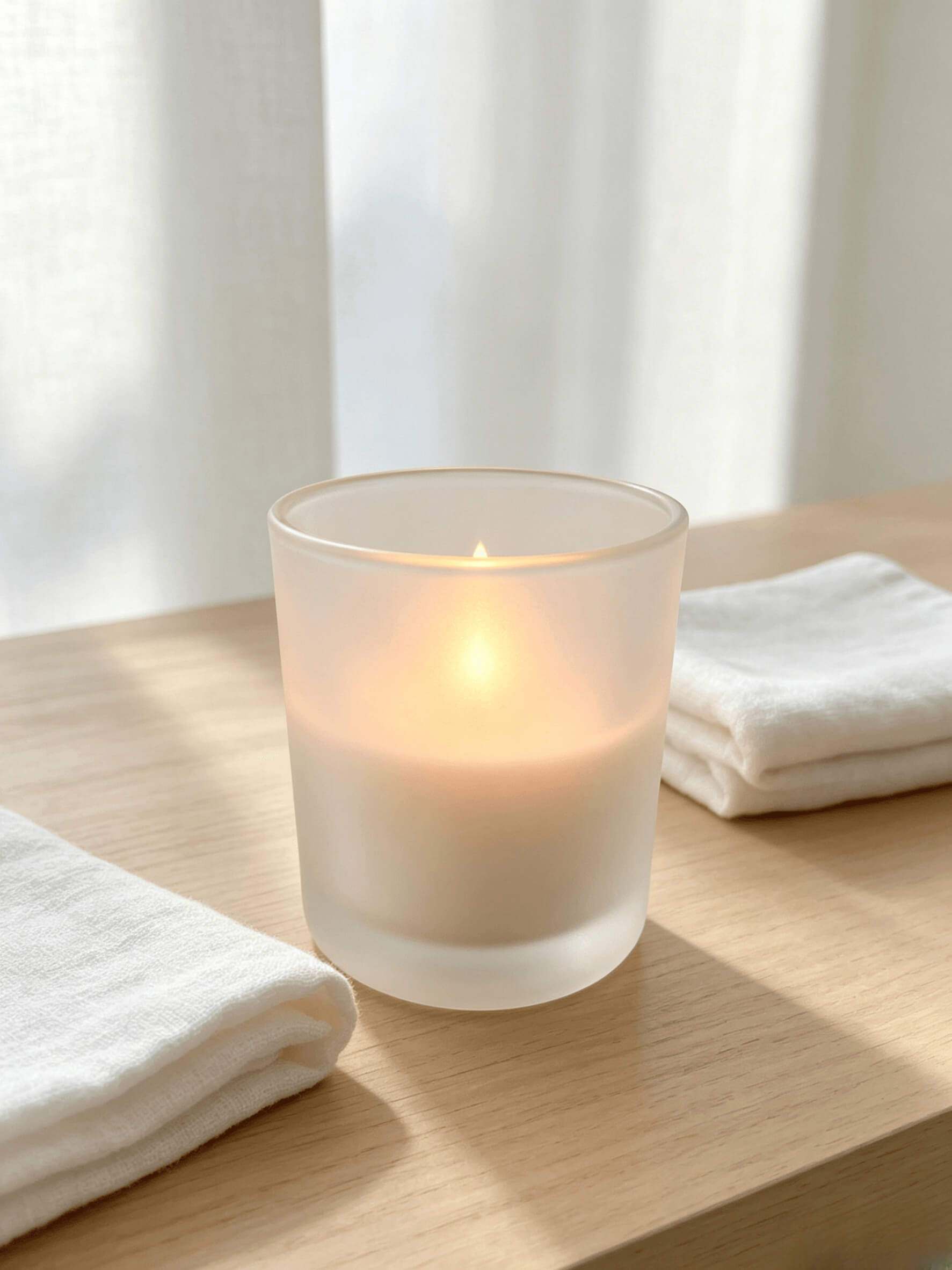 Lit frosted glass candle cup next to white towels for luxury zen spa and clean beauty lines