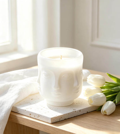 Lit matte white face candle vessel styled with white tulips on travertine stone for clean beauty and bridal lines