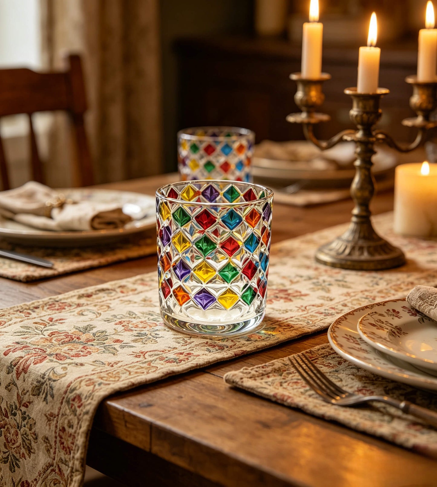 Lit maximalist colorful diamond glass candle vessel styled as a luxury dining table centerpiece
