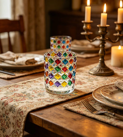 Lit maximalist colorful diamond glass candle vessel styled as a luxury dining table centerpiece