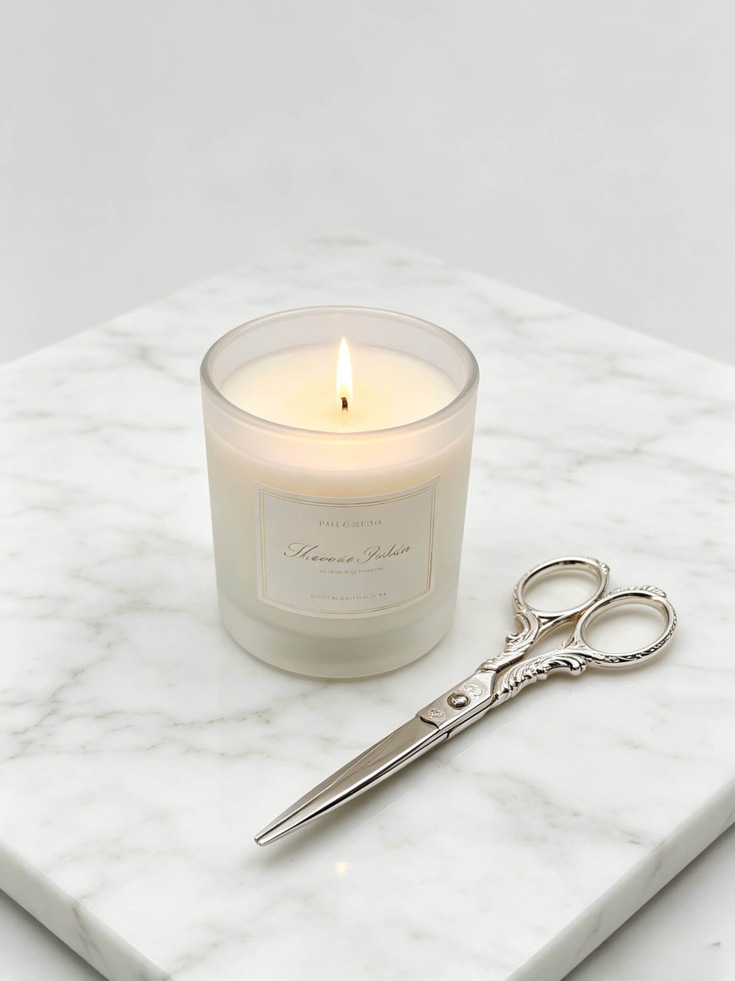 Custom labeled frosted white glass candle vessel for bridal collections styled on a marble surface