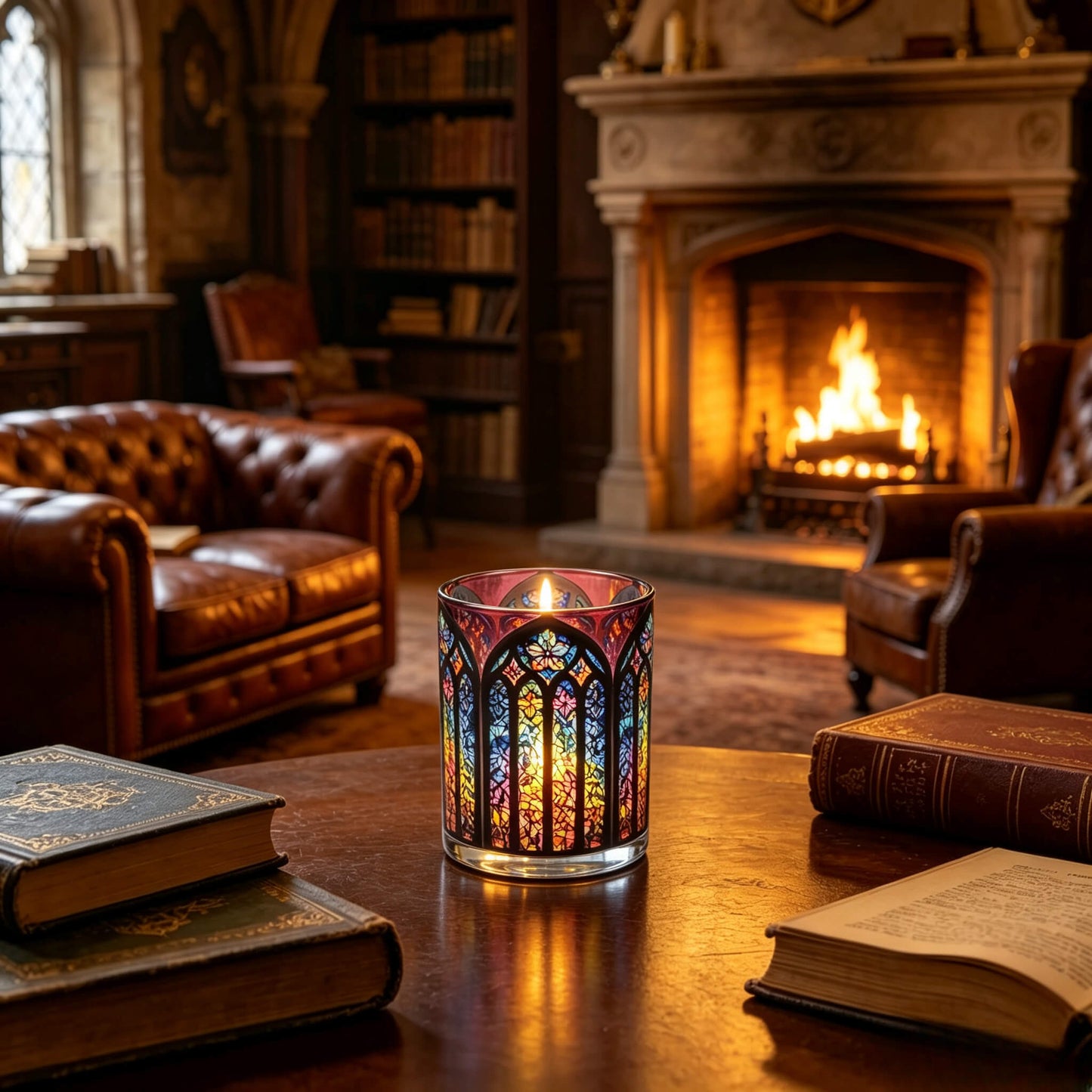 Lit Gothic Crimson stained glass candle jar on dark wood table in dark academia library setting