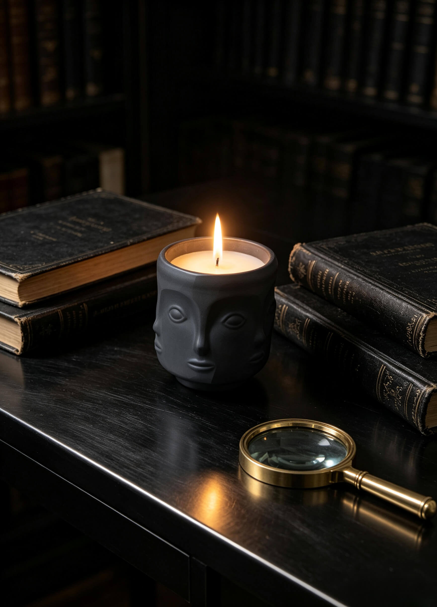 Lit matte black sculptural face candle vessel on dark wood desk with vintage books and magnifying glass