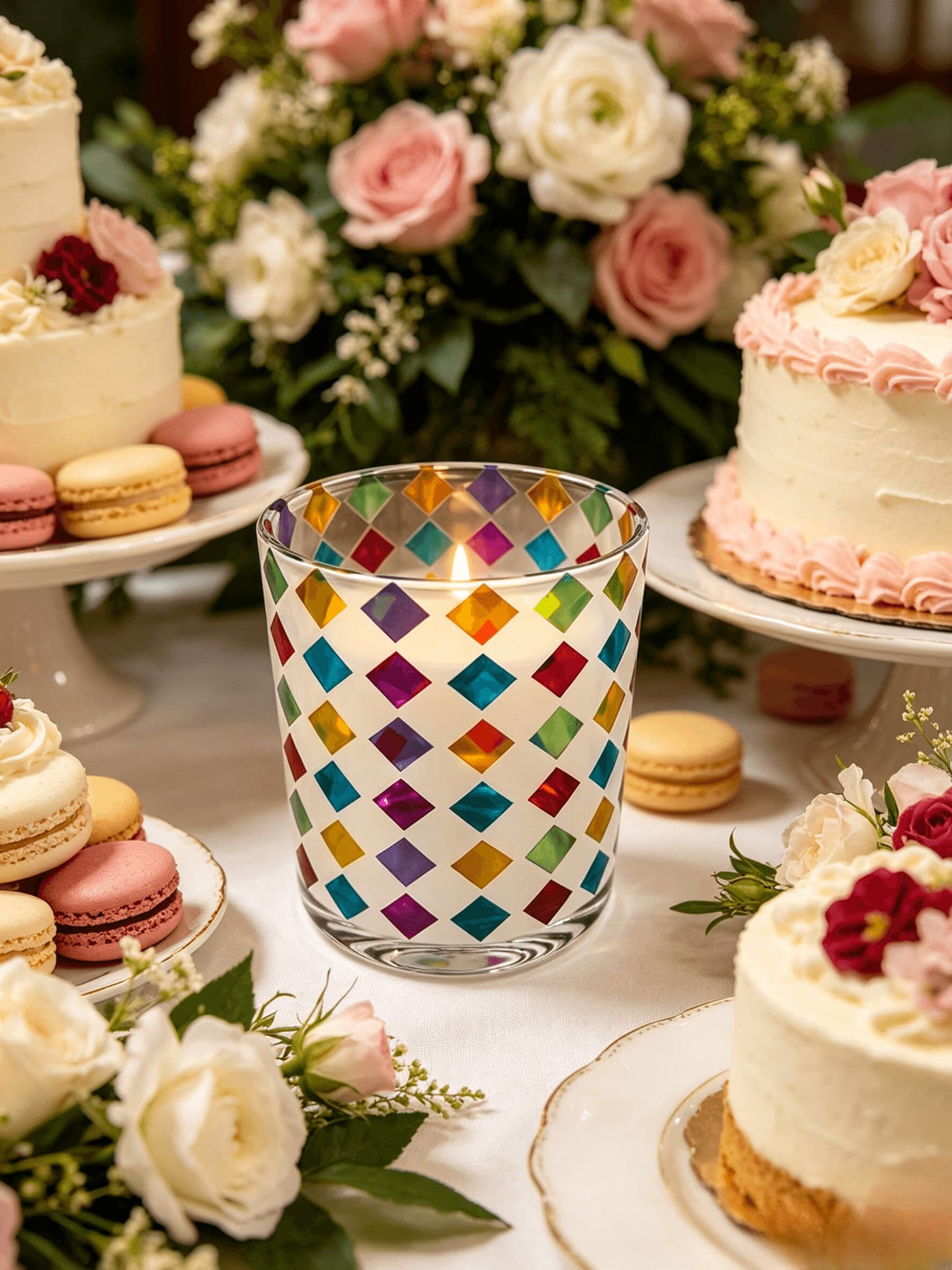 Lit elegant colorful diamond pattern glass candle vessel styled as a luxury wedding dessert table centerpiece