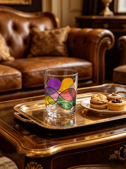Empty abstract iridescent glass candle vessel styled on a vintage tray in a luxury dark wood and leather interior