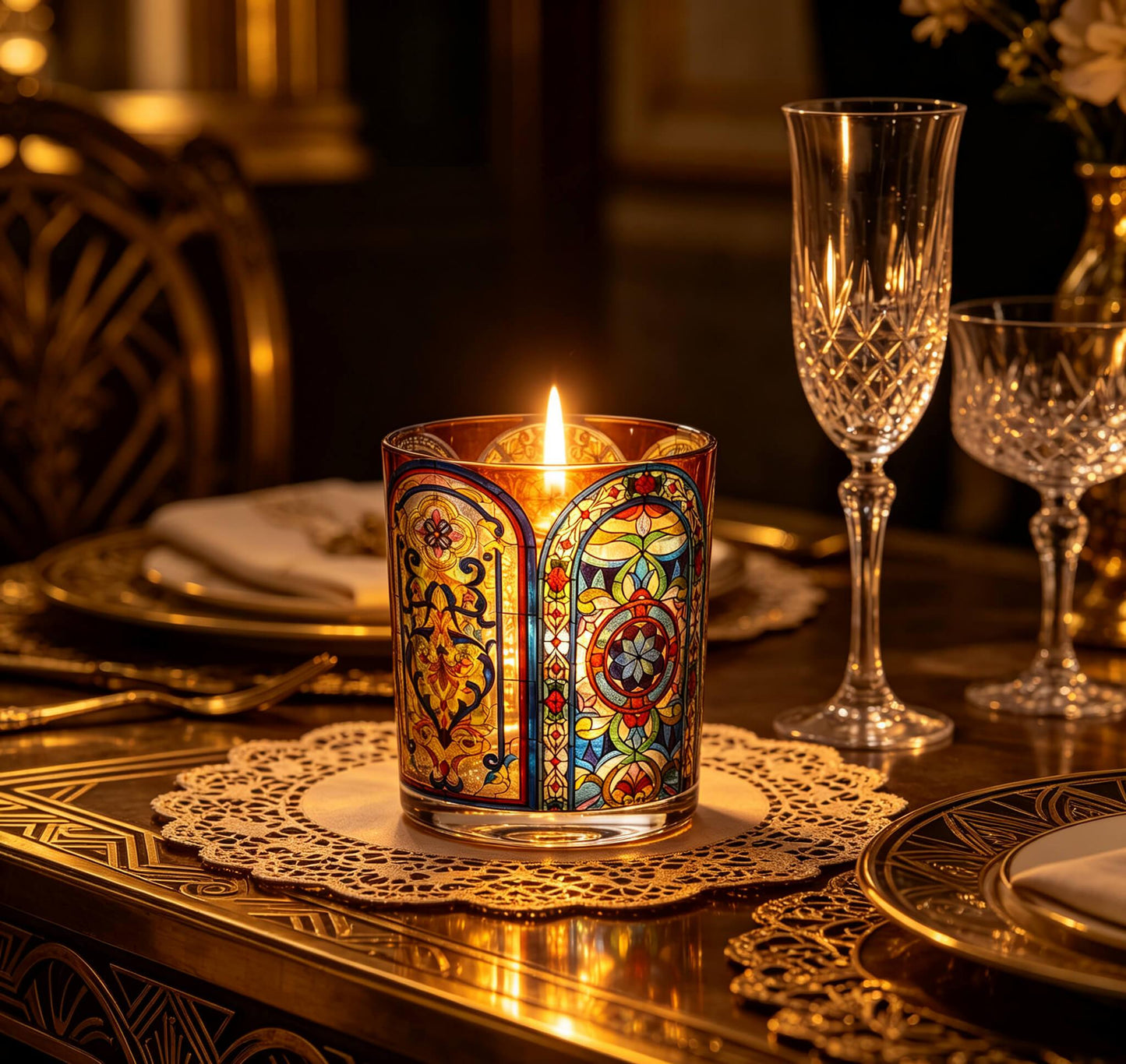 Close up of lit gold mosaic stained glass candle jar on an elegant table setting