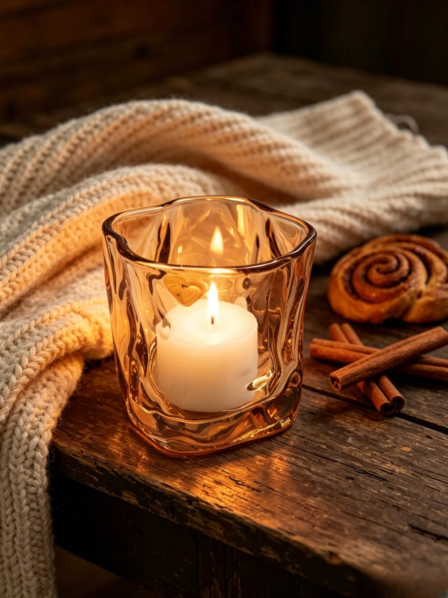 Lit amber glass folded candle jar styled with cozy blanket and cinnamon rolls for autumn hygge aesthetic