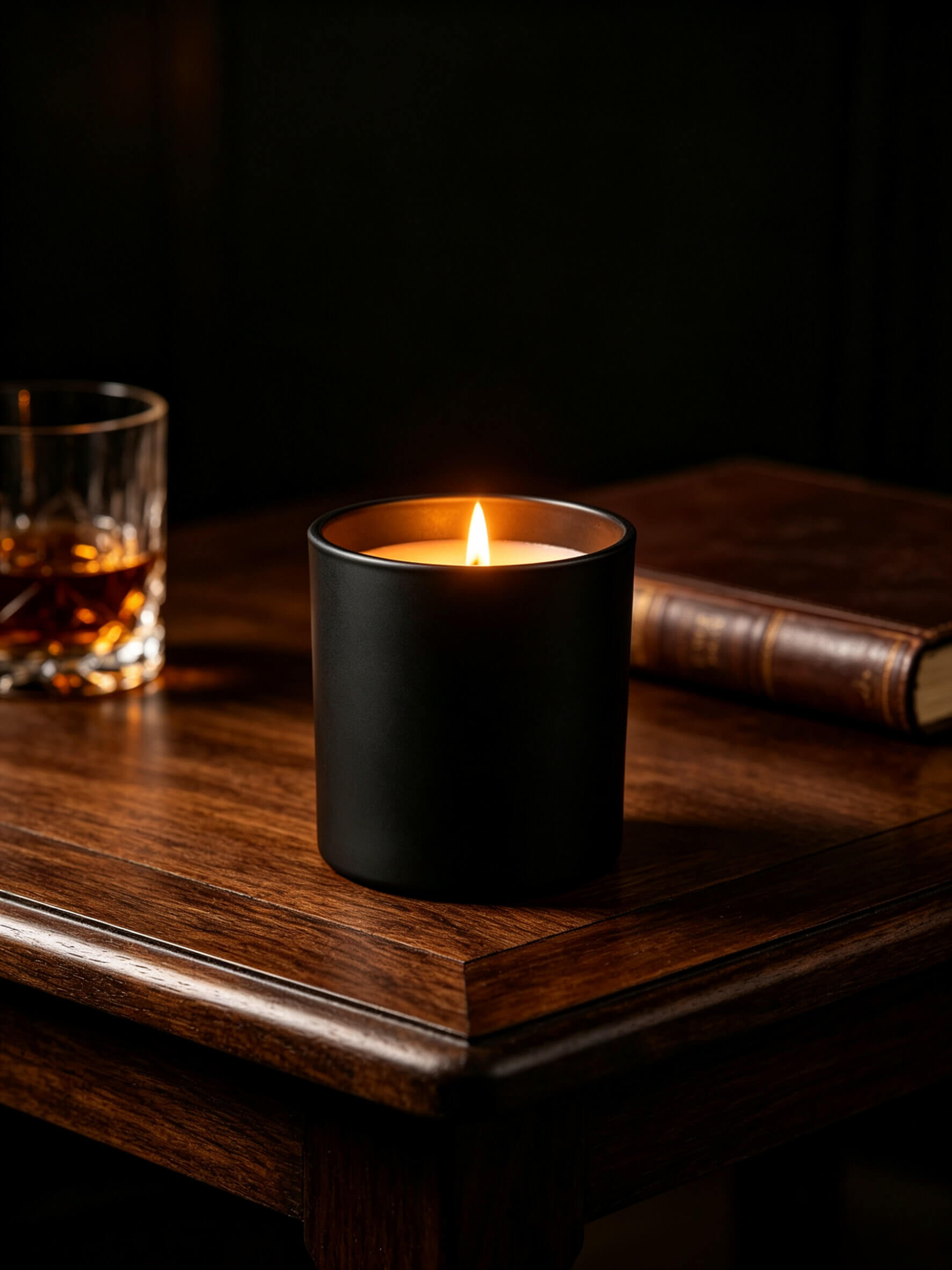 Lit matte black glass candle vessel casting warm glow on a walnut desk with whiskey glass for masculine scent profiles