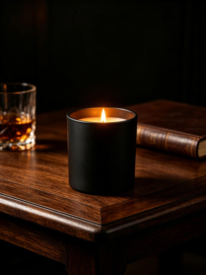Lit matte black glass candle vessel casting warm glow on a walnut desk with whiskey glass for masculine scent profiles