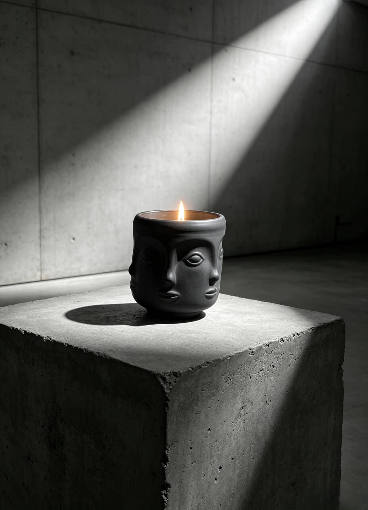 Lit matte black sculptural face candle jar on a brutalist concrete block with dramatic lighting