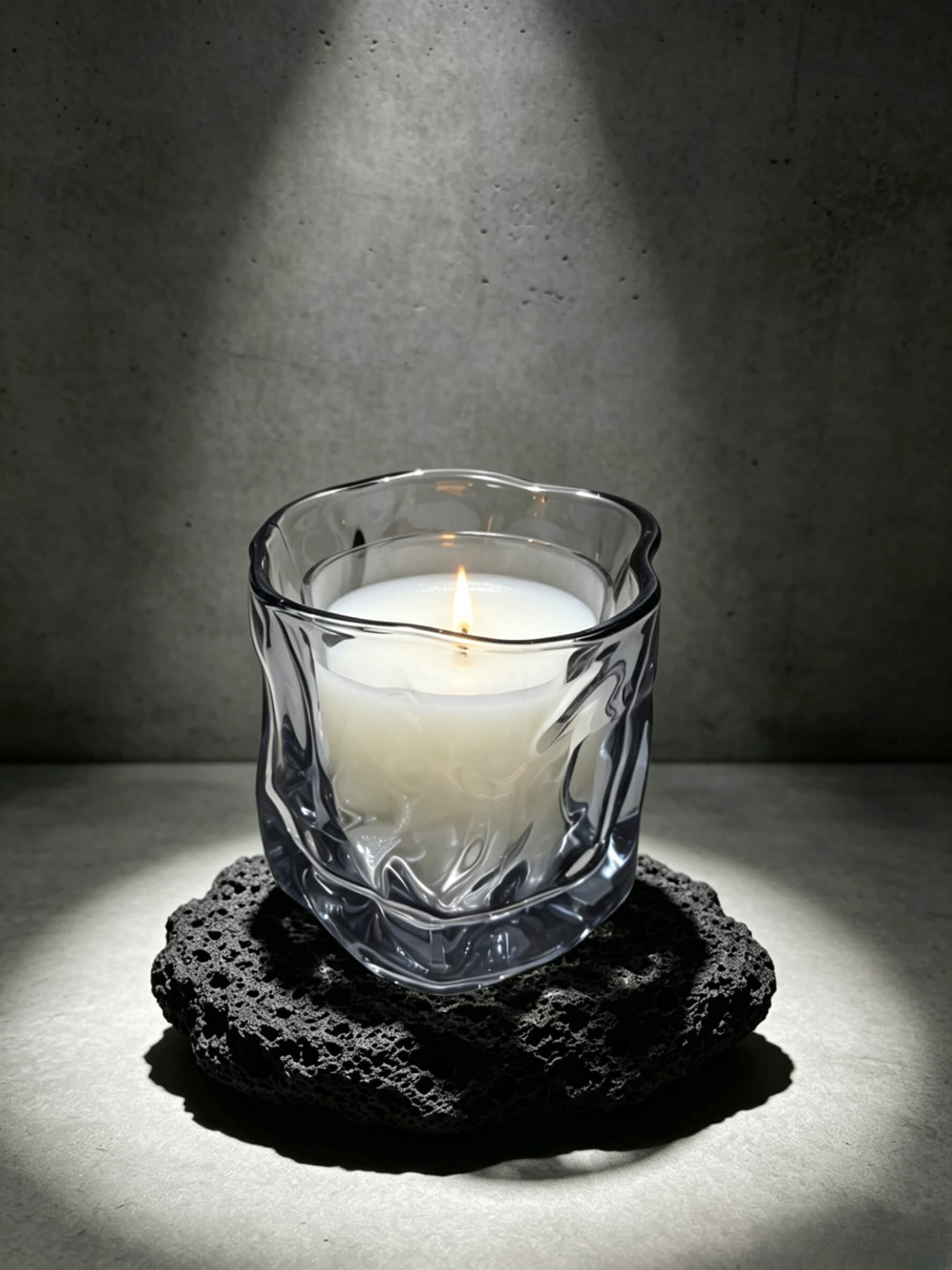 Lit smoky quartz wabi sabi folded candle vessel resting on a dark brutalist lava stone