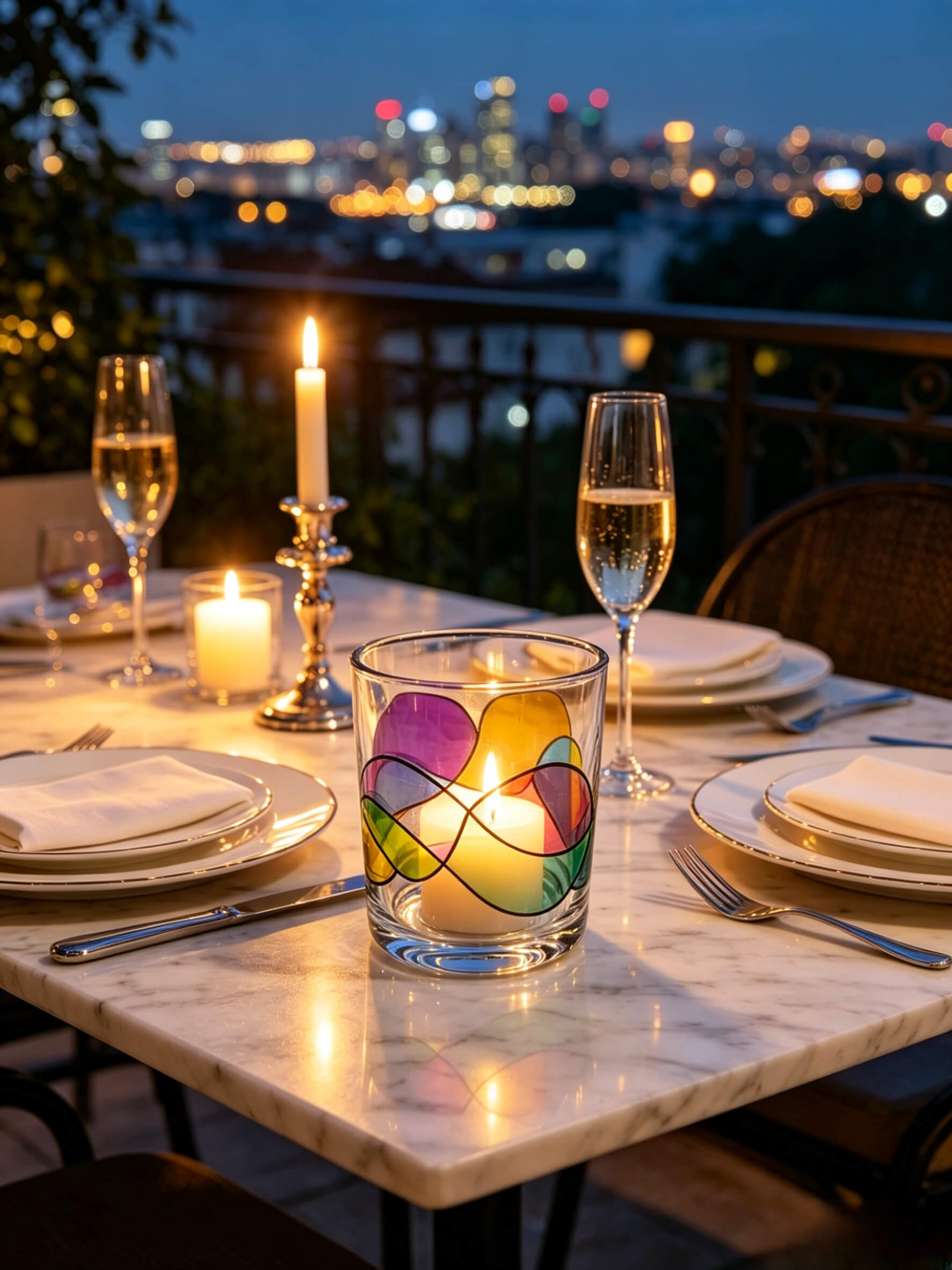 Lit color shifting iridescent glass candle jar glowing on a luxury white marble dining table against a city skyline