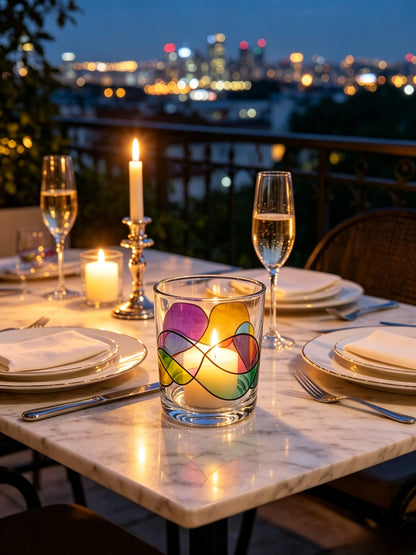 Lit color shifting iridescent glass candle jar glowing on a luxury white marble dining table against a city skyline