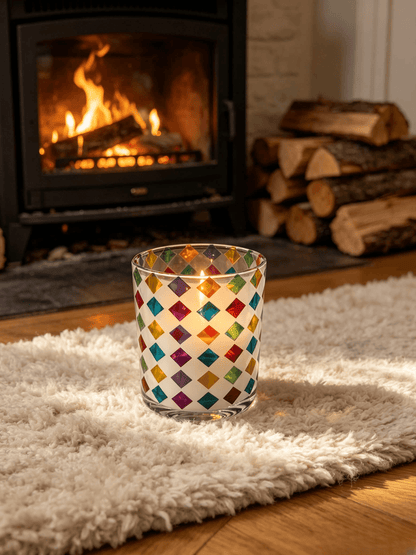 Lit glossy white candle jar with colorful geometric pattern glowing on a rug by a warm fireplace