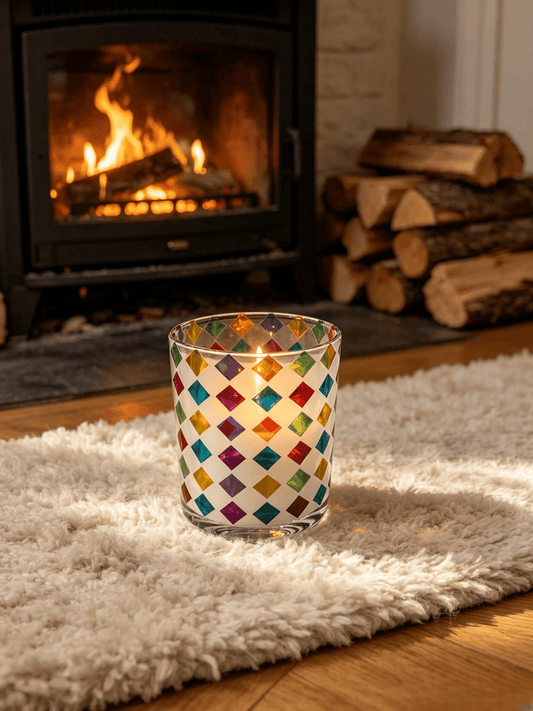 Lit glossy white candle jar with colorful geometric pattern glowing on a rug by a warm fireplace