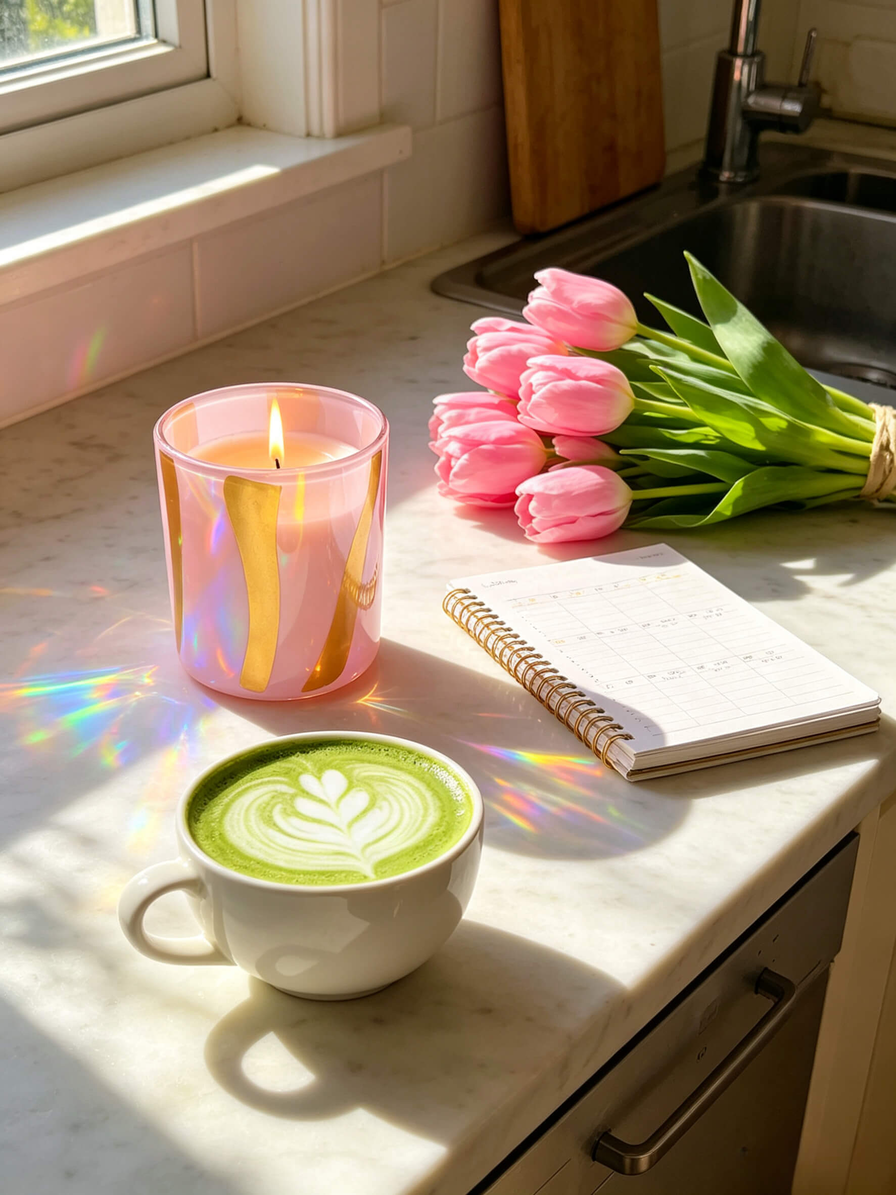 Lit pink and yellow striped glass candle jar next to matcha latte and tulips for a morning ritual scent line