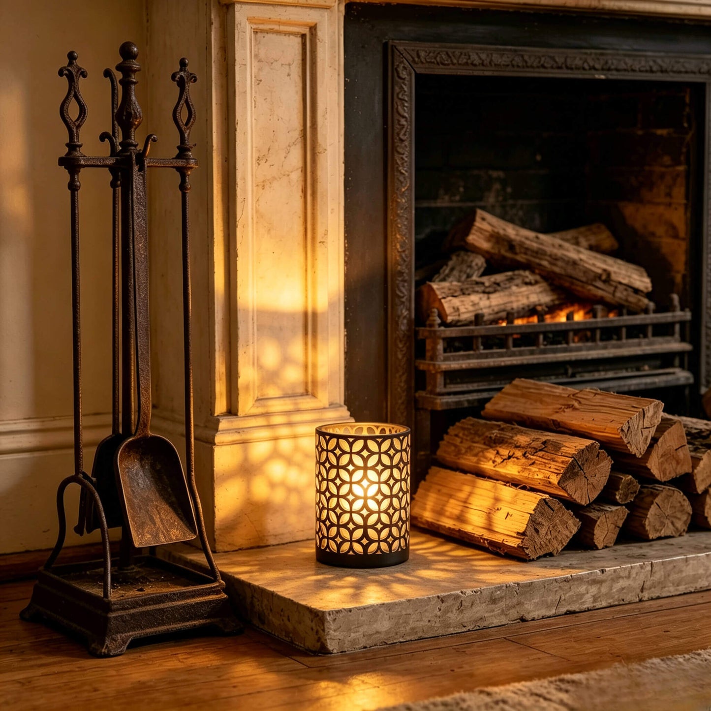 Lit black and gold interwoven cut out candle jar glowing warmly on a stone fireplace hearth for winter cozy aesthetics