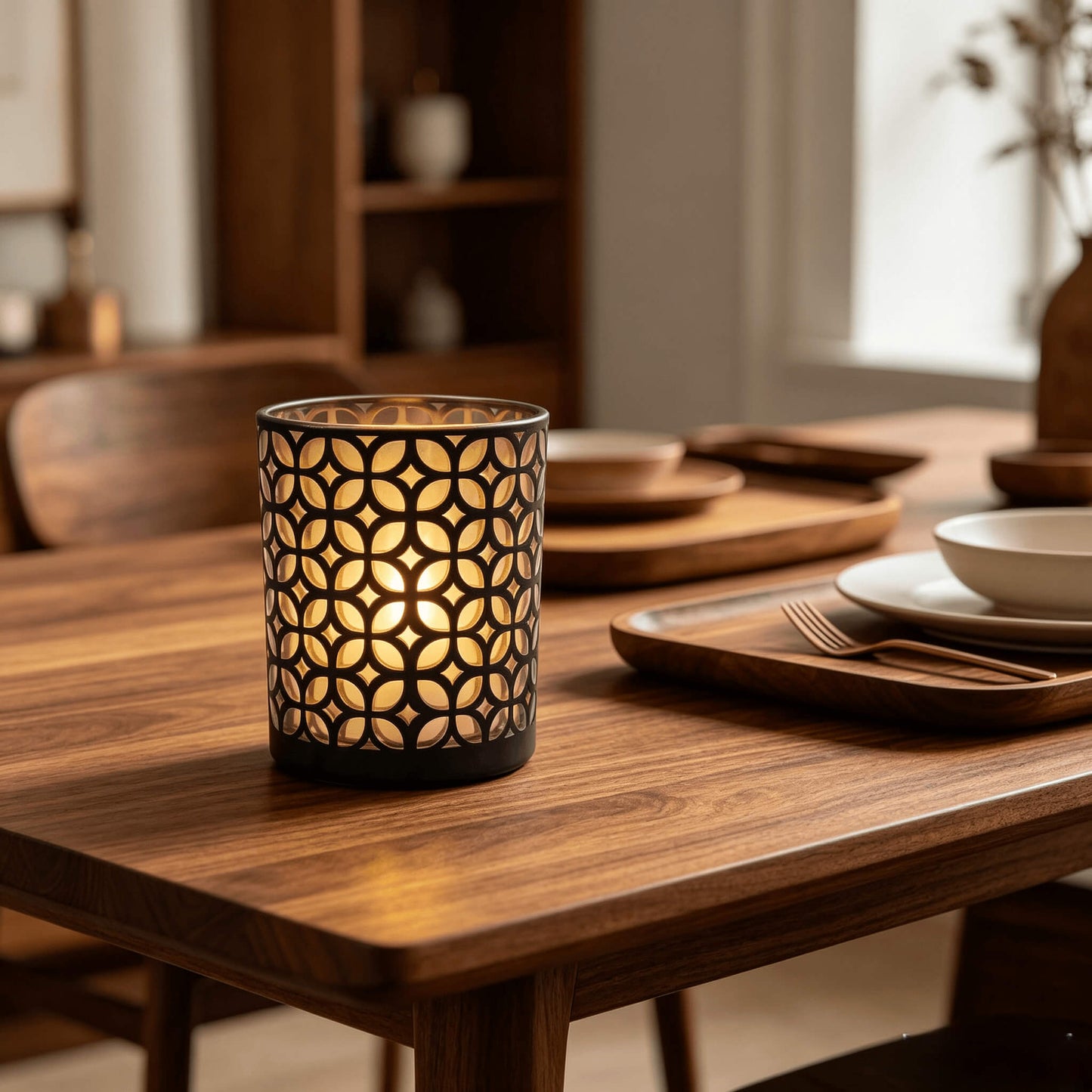 Lit interwoven cut out glass candle vessel styled as a warm centerpiece on a walnut dining table