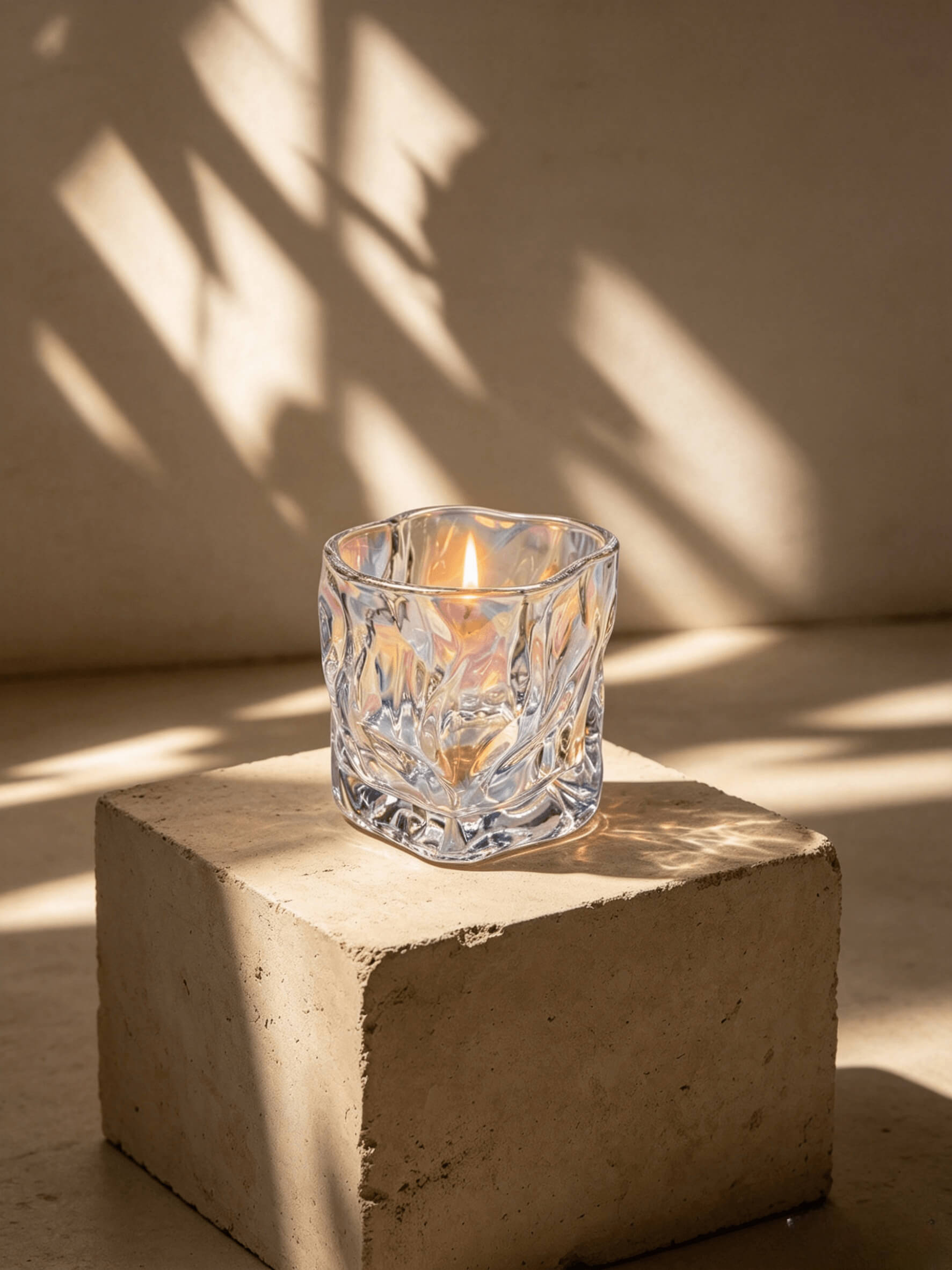 Lit iridescent wabi sabi folded candle vessel glowing in natural sunlight on a minimalist stone block