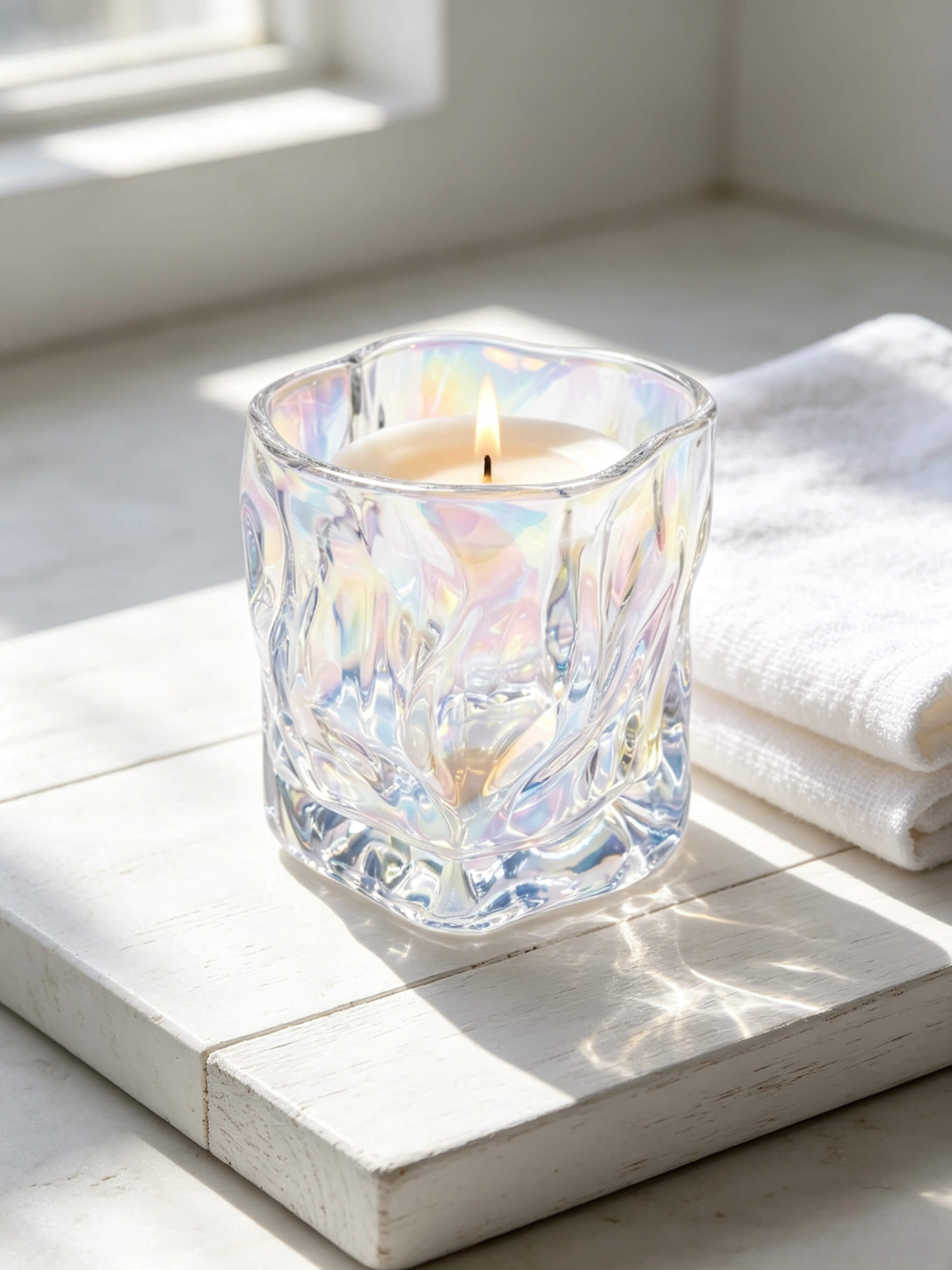 Lit iridescent glass candle jar next to a white towel for luxury clean beauty and wellness spa aesthetics