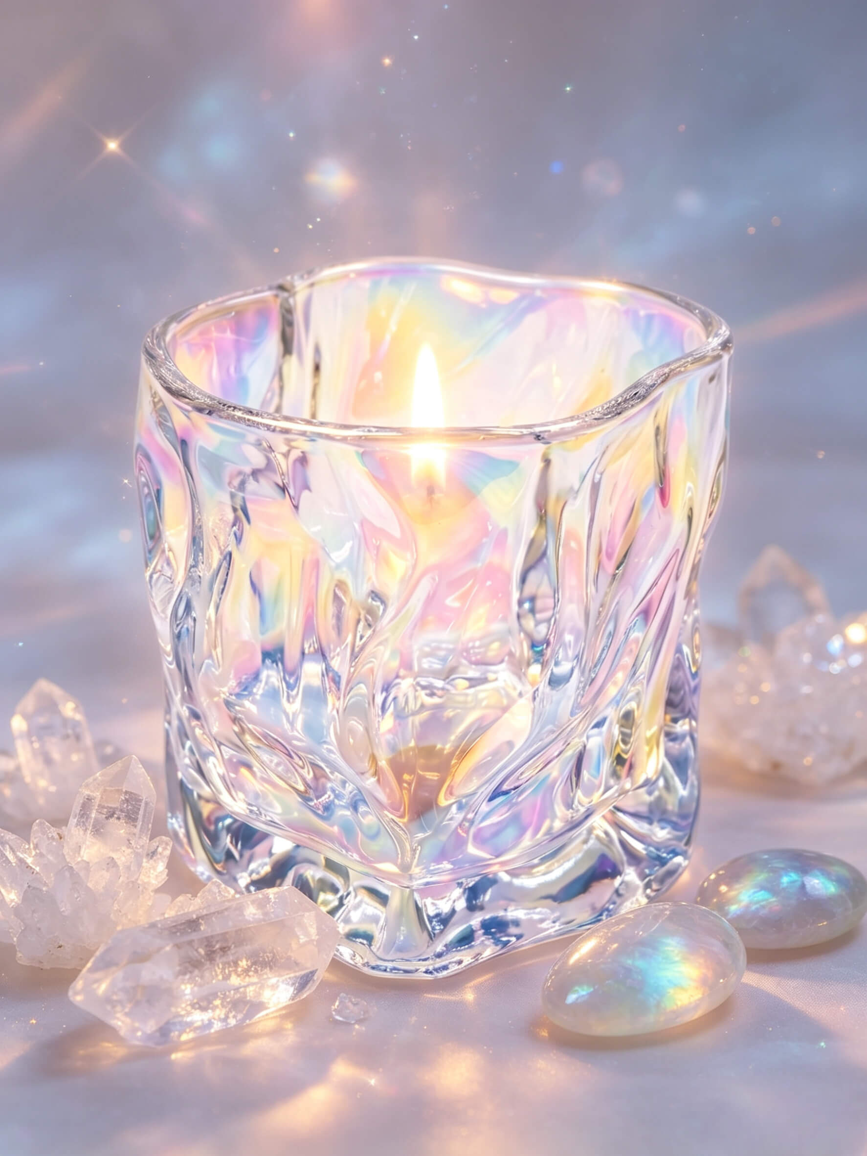 Lit iridescent prism glass candle jar styled with clear quartz crystals for celestial fragrance lines