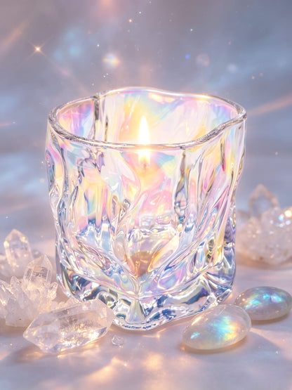 Lit iridescent prism glass candle jar styled with clear quartz crystals for celestial fragrance lines