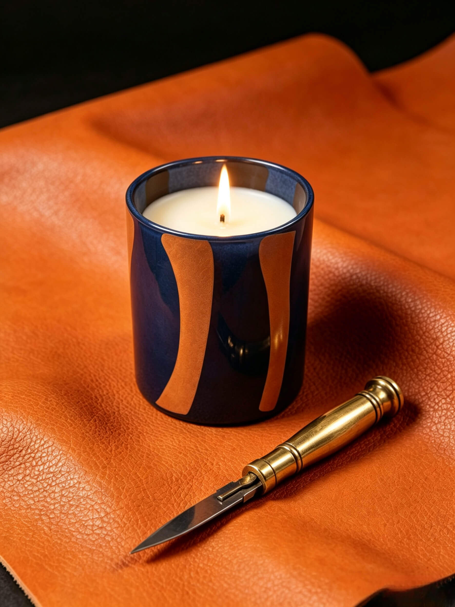 Lit modern color block glass candle vessel on orange pebbled leather for rich woody and leather scent profiles