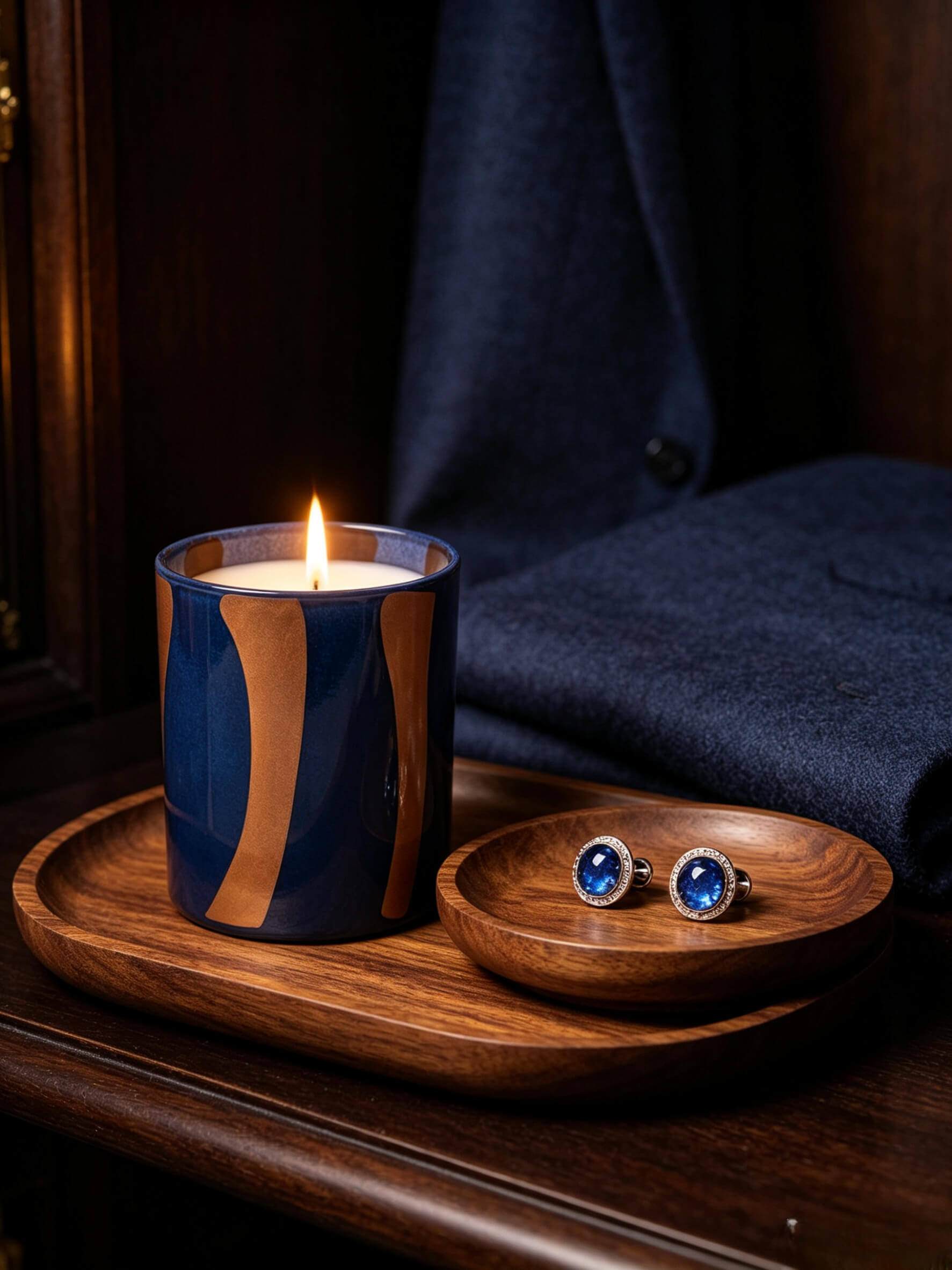 Lit blue and golden yellow striped candle jar on wooden tray with sapphire cufflinks for masculine luxury scents