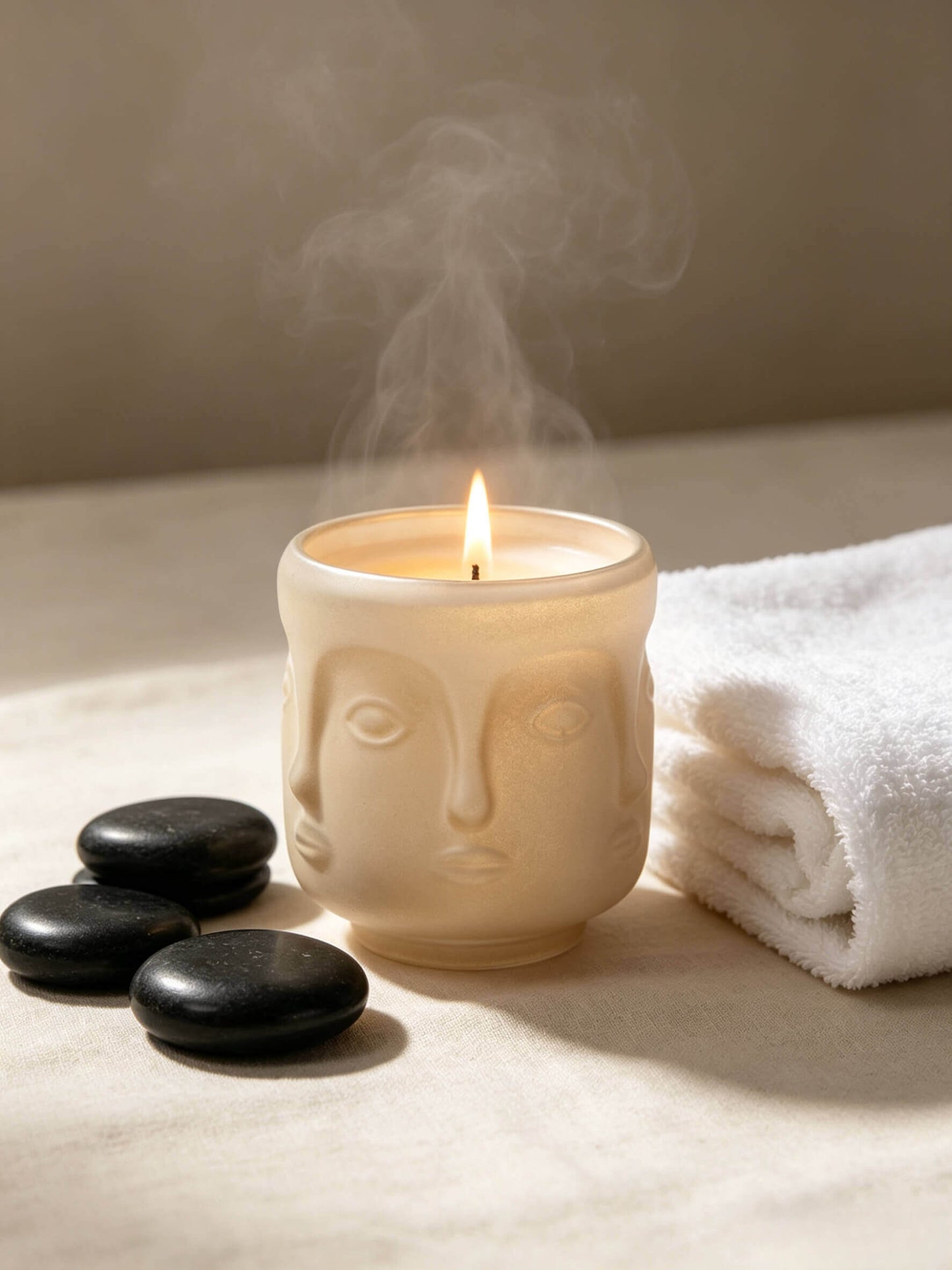 Lit oat ceramic textured face candle vessel styled with black massage stones and white towels for luxury wellness spa lines