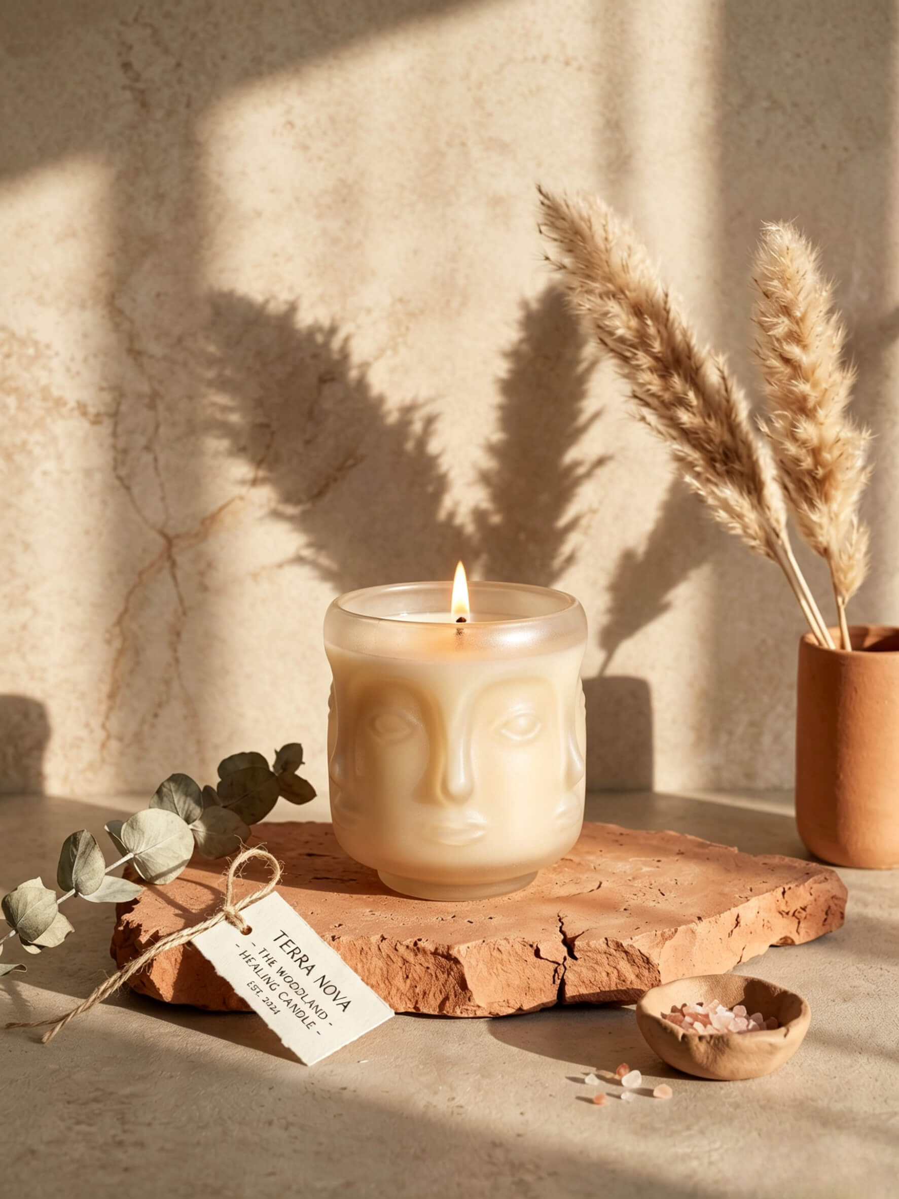 Lit oat colored sculptural face candle jar styled on a terracotta tile with dried pampas grass for a wabi sabi aesthetic