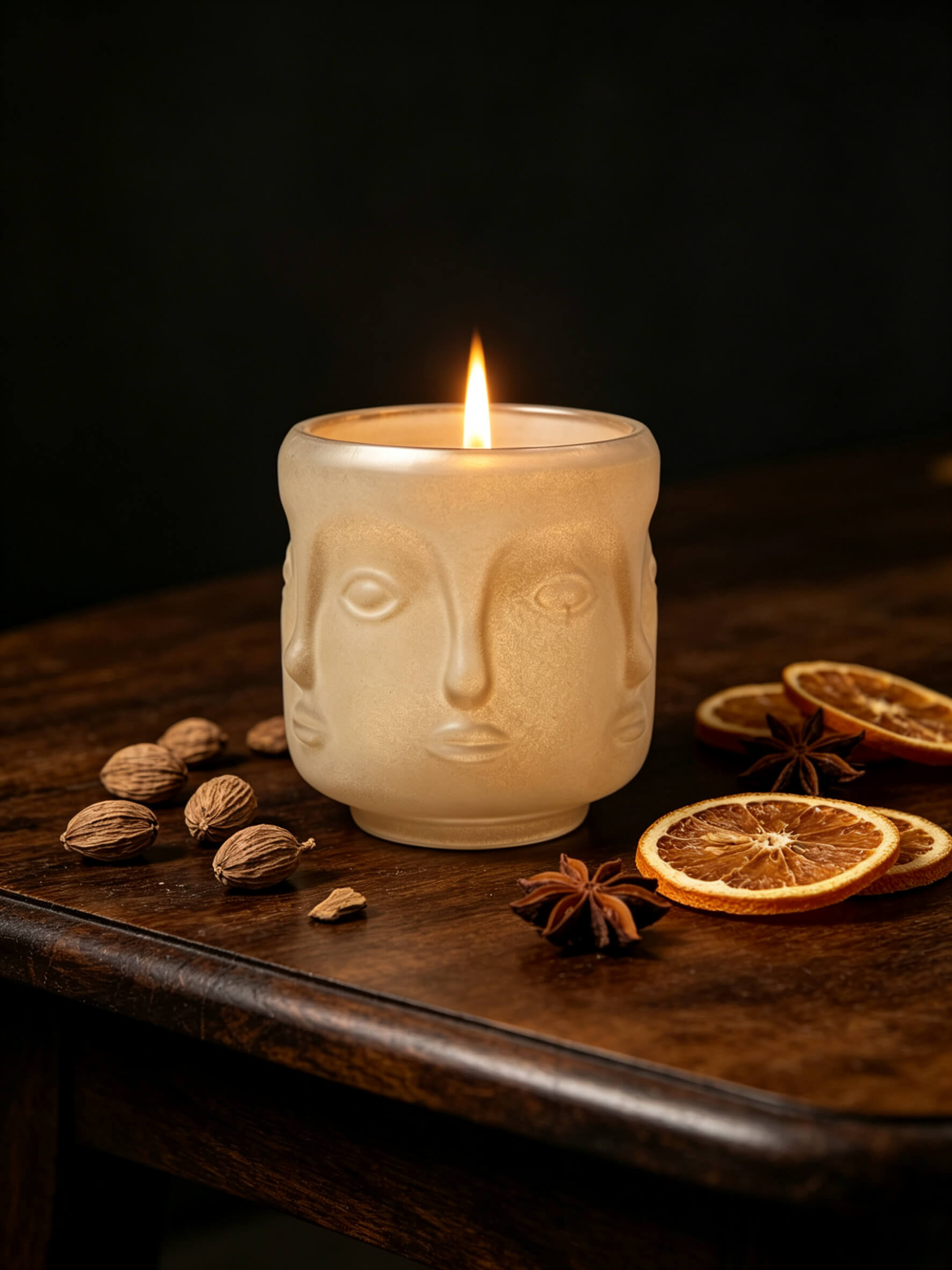 Lit oat 3D face candle vessel styled on a dark wood table with cinnamon and dried orange slices for autumn botanical scent lines