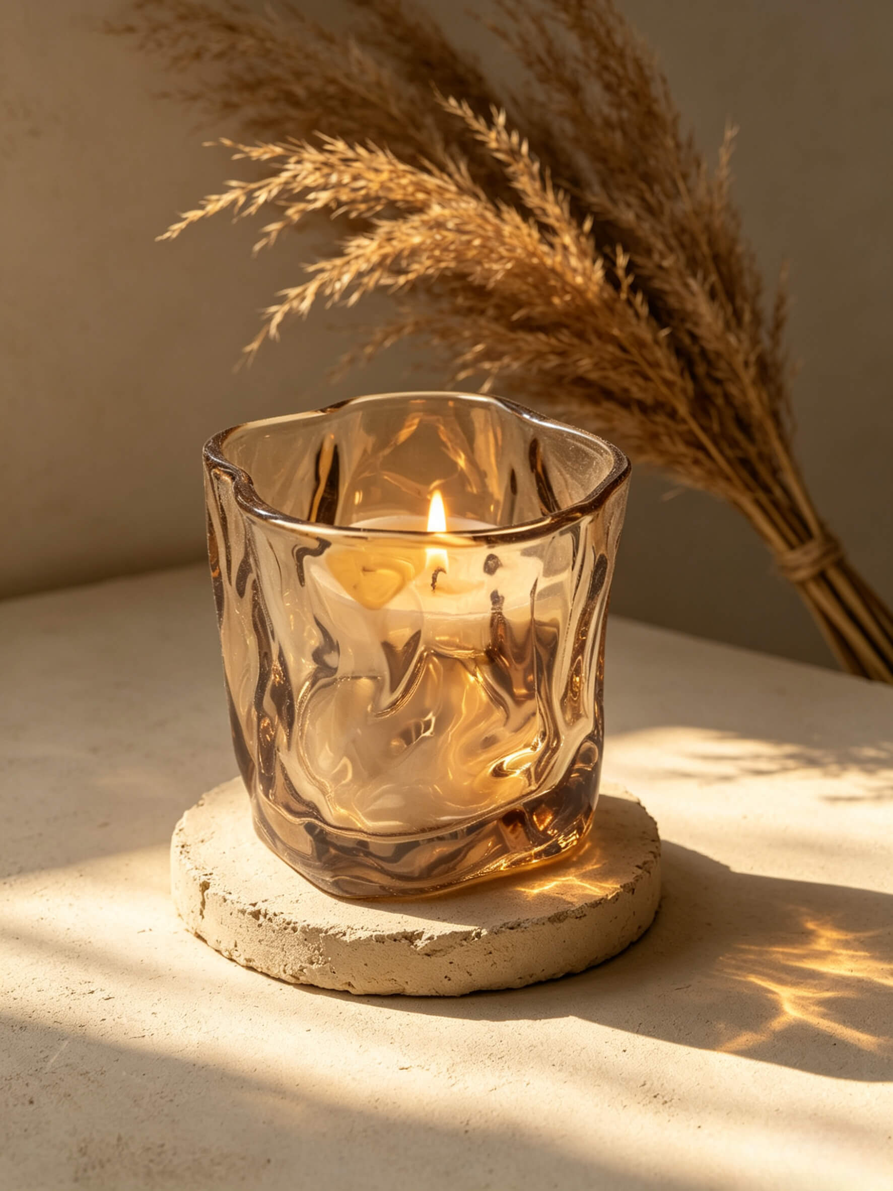 Lit amber wabi sabi folded candle vessel glowing on a stone coaster in sunlight with dried pampas grass