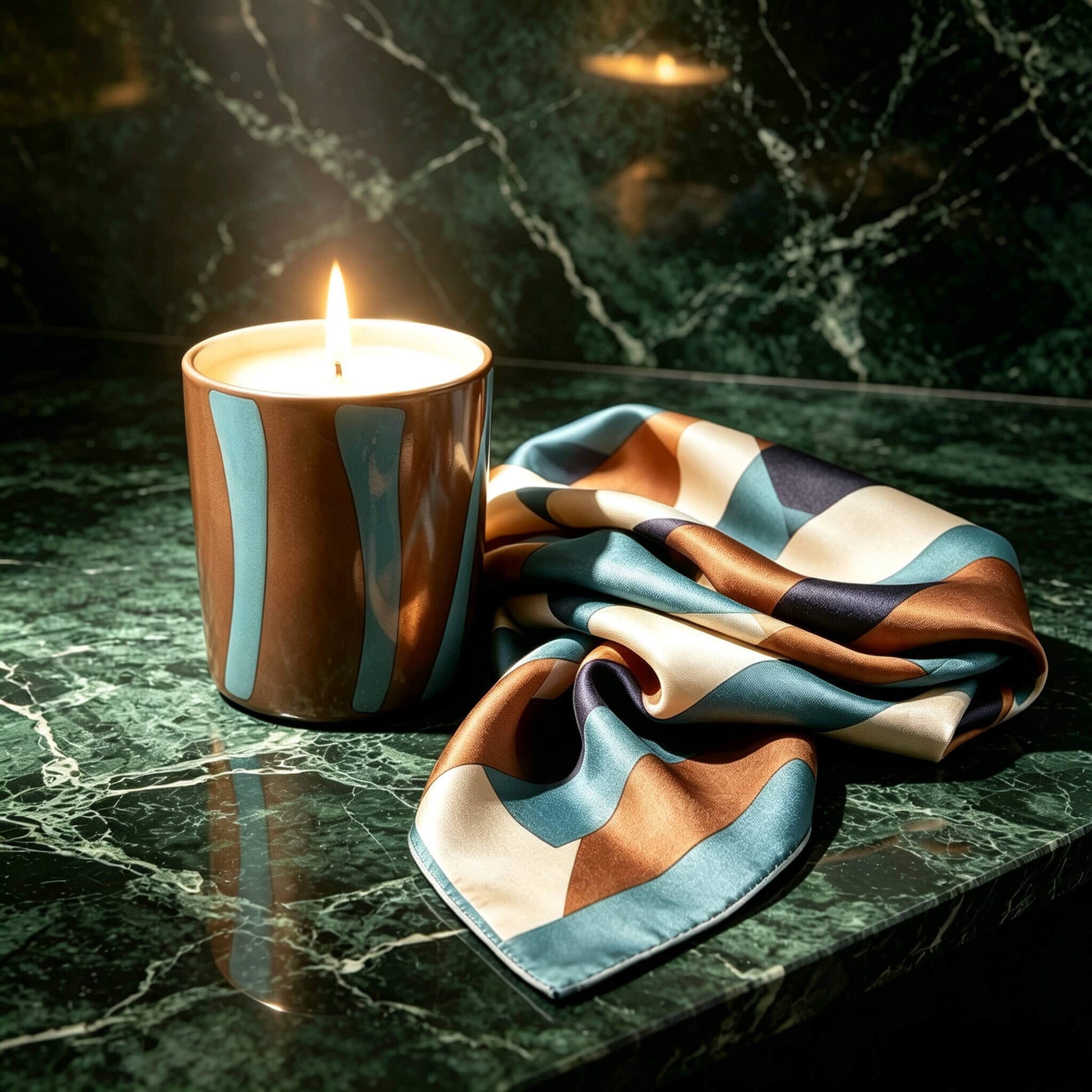 Lit retro inspired terracotta and green striped candle glass glowing on green marble with a silk scarf