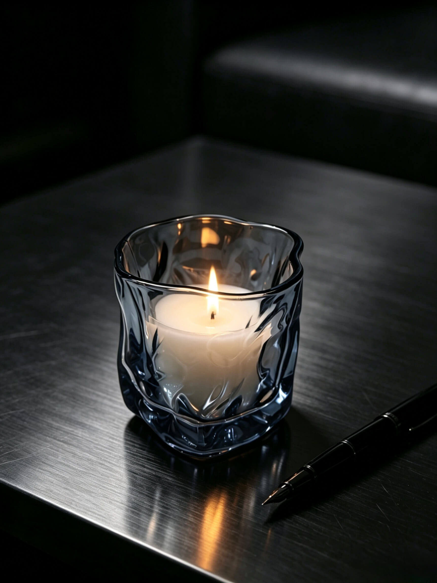 Lit smoky quartz artisan glass candle vessel styled on a dark gentleman desk for masculine fragrance lines