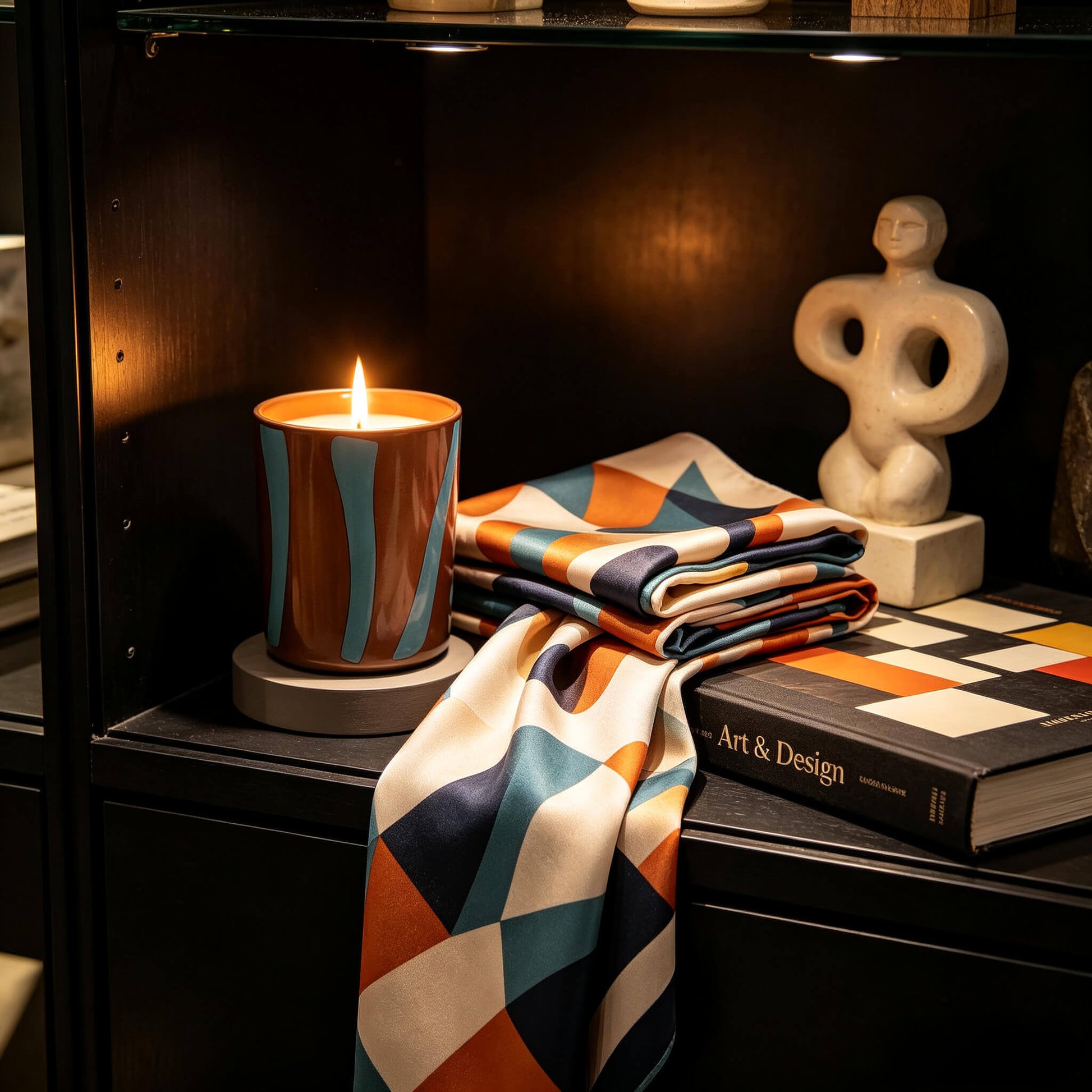 Lit terracotta and green striped glass candle jar styled on a dark bookshelf with artisan sculptures for earthy home fragrance