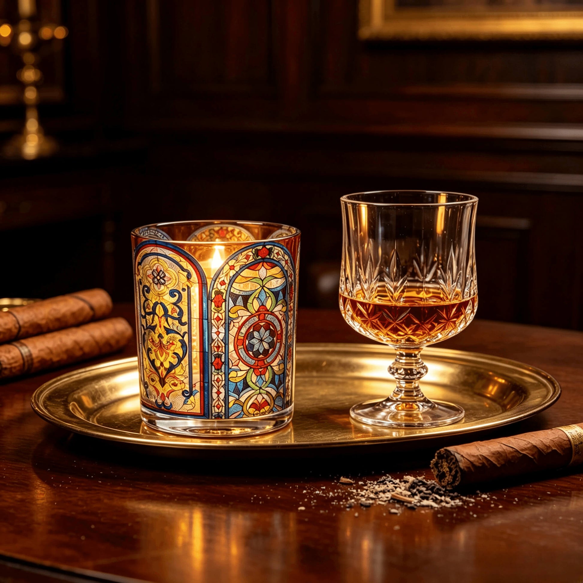 Lit gold stained glass candle jar styled on a brass tray with whiskey and cigar for masculine fragrance lines