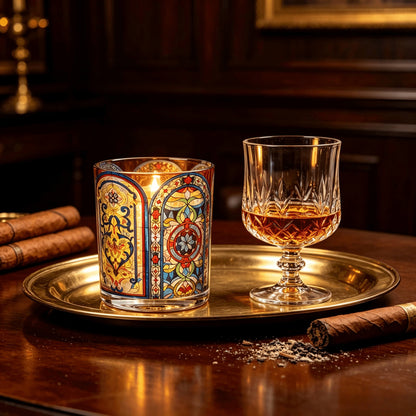 Lit gold stained glass candle jar styled on a brass tray with whiskey and cigar for masculine fragrance lines