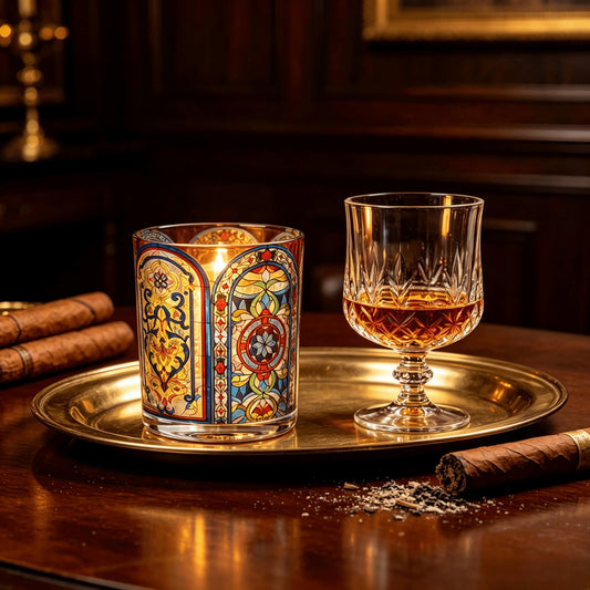 Lit gold stained glass candle jar styled on a brass tray with whiskey and cigar for masculine fragrance lines