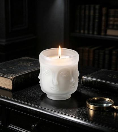 Lit matte white sculptural face candle glass creating striking contrast on a dark wood study desk