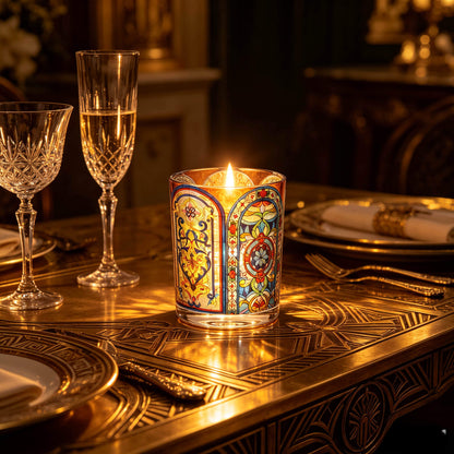 Lit Art Deco candle jar radiating golden light as a luxury dinner table centerpiece