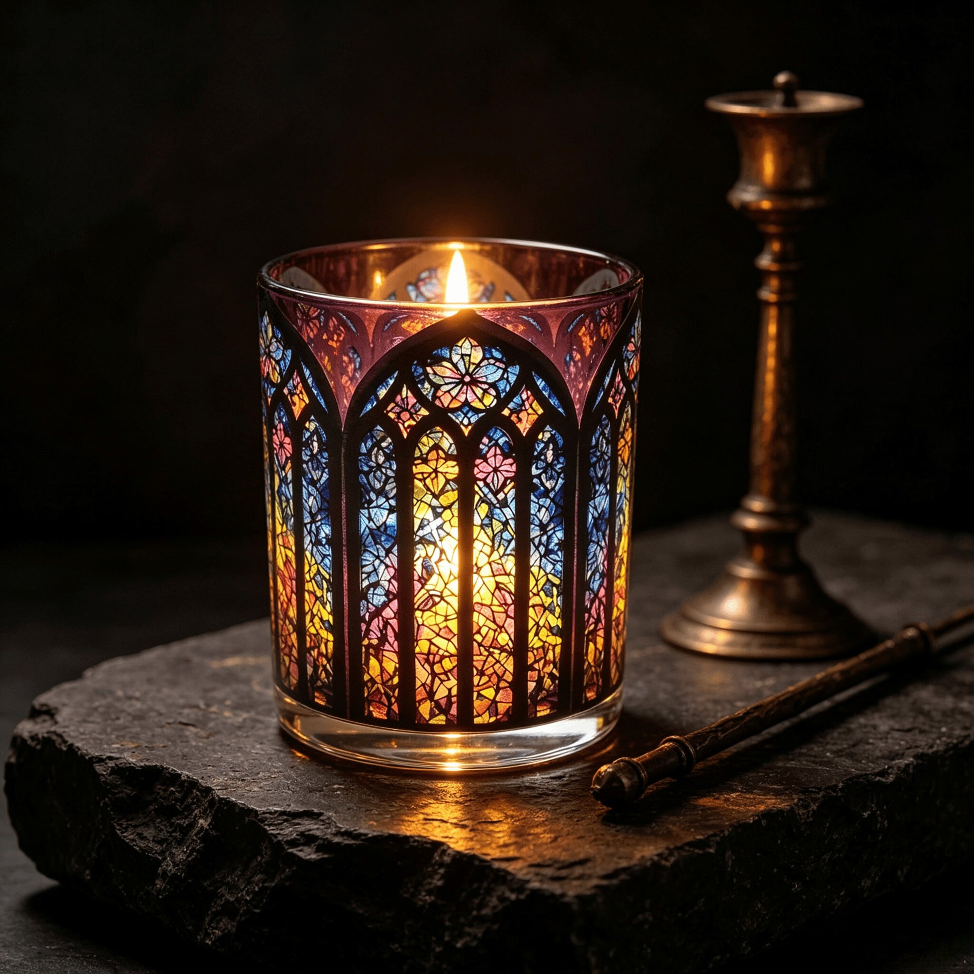 Lit Gothic Crimson stained glass candle jar casting mosaic reflection on dark stone next to candle snuffer