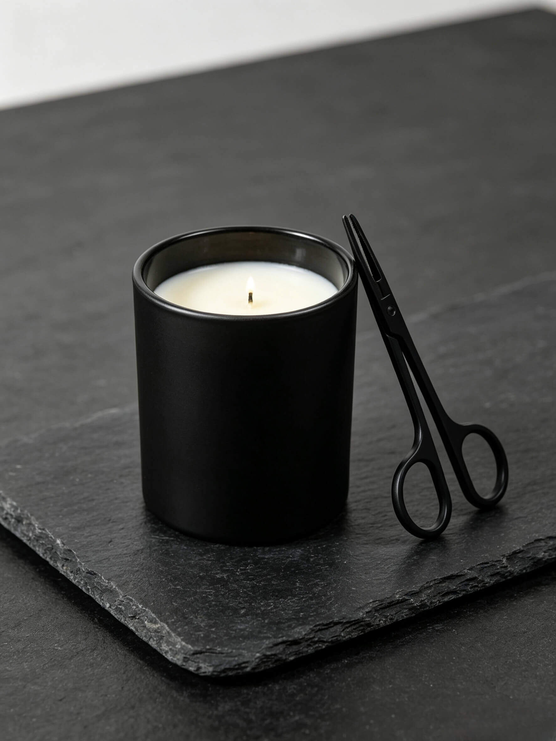 Empty matte black candle jar styled on dark slate with black wick trimmer for minimalist home fragrance lines