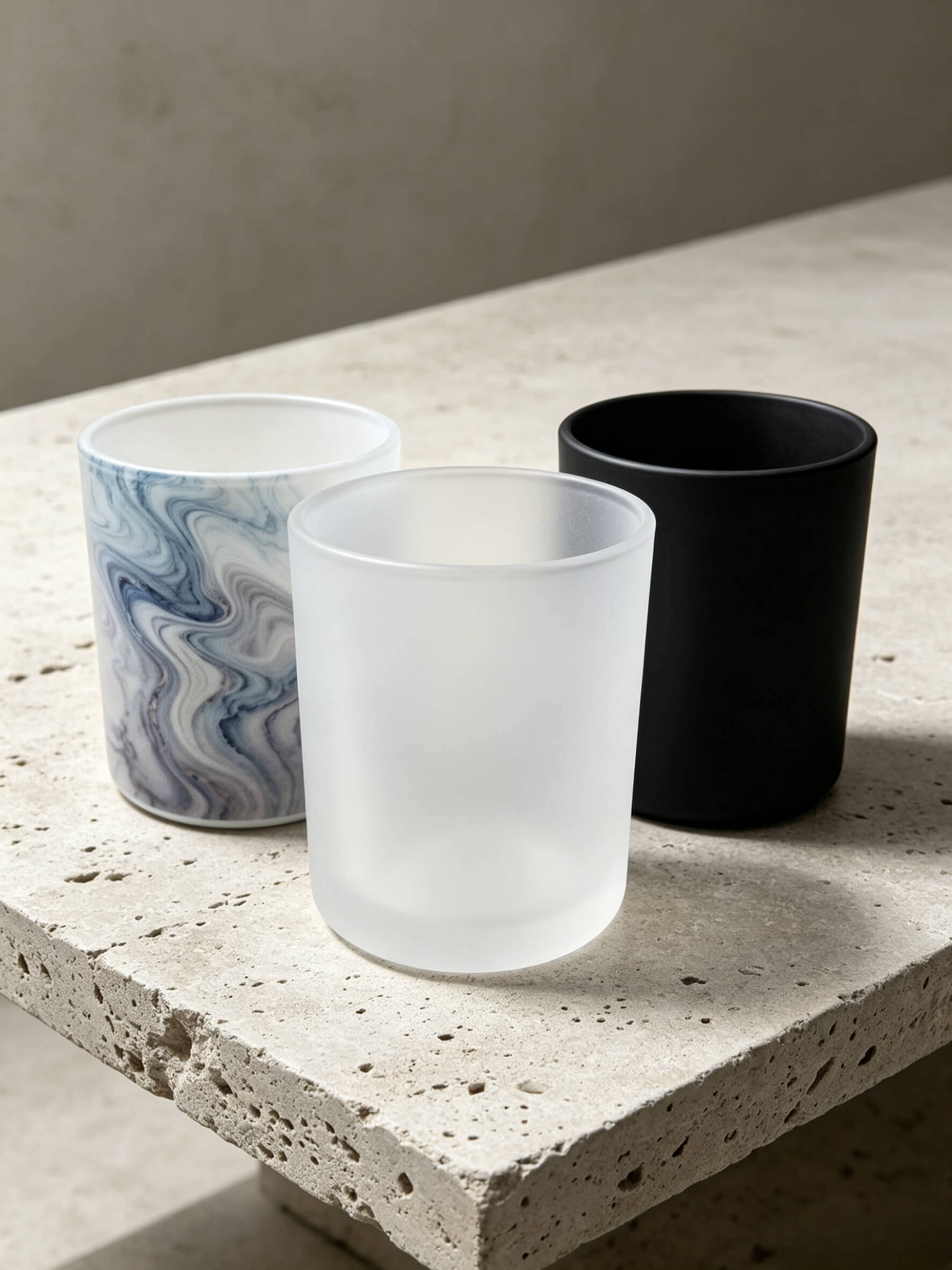 Premium candle vessel trio collection featuring blue marble frosted white and matte black finishes for wholesale branding