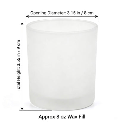 B2B product specification diagram for frosted white candle glass showing 8x9cm dimensions and 8 oz wax fill