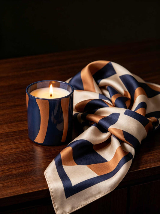 Nordic Stripe candle vessel in military blue with ochre stripes