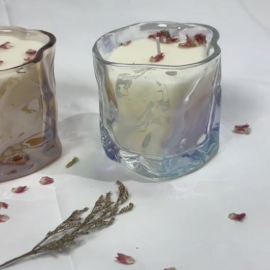 Wabi-Sabi fold architectural glass candle vessel burn test, showcasing heavy-wall quality and soy wax adhesion for wholesale candle makers.