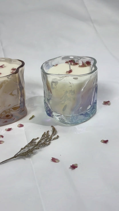 Wabi-Sabi fold architectural glass candle vessel burn test, showcasing heavy-wall quality and soy wax adhesion for wholesale candle makers.