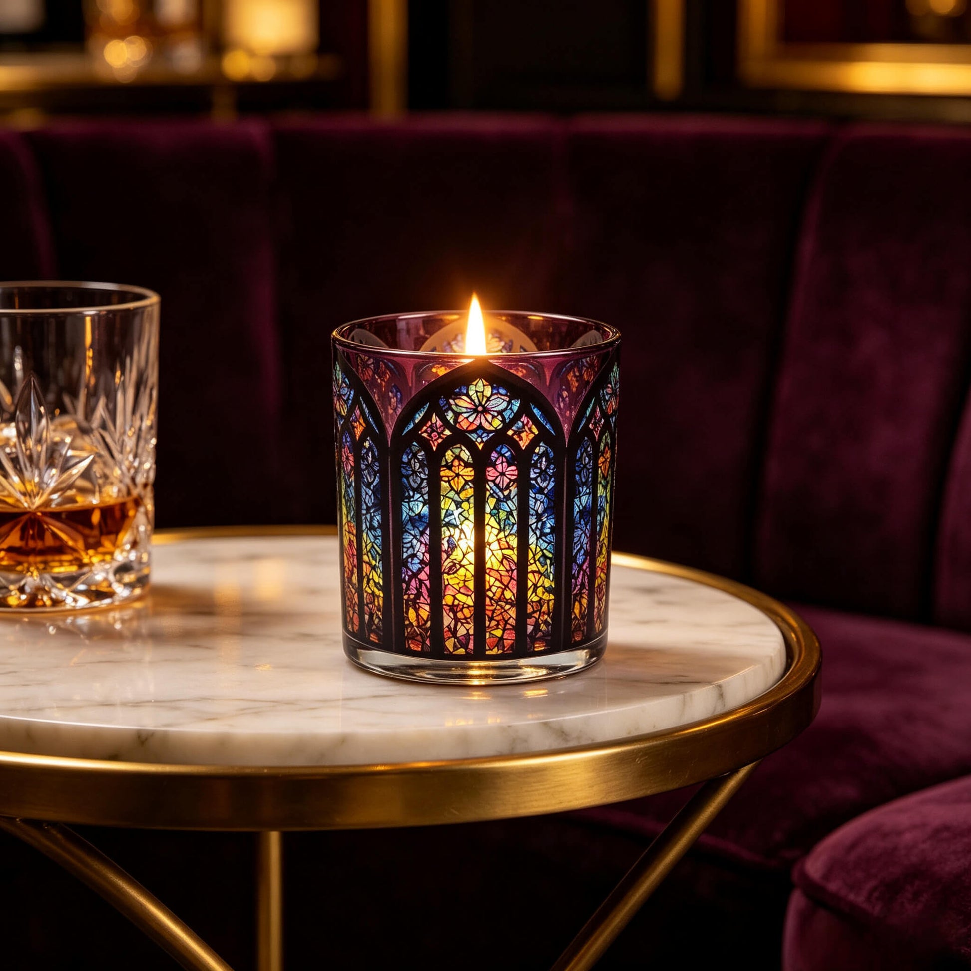Lit Gothic Crimson candle glass styled with whiskey on marble table in moody speakeasy lounge