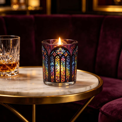 Lit Gothic Crimson candle glass styled with whiskey on marble table in moody speakeasy lounge